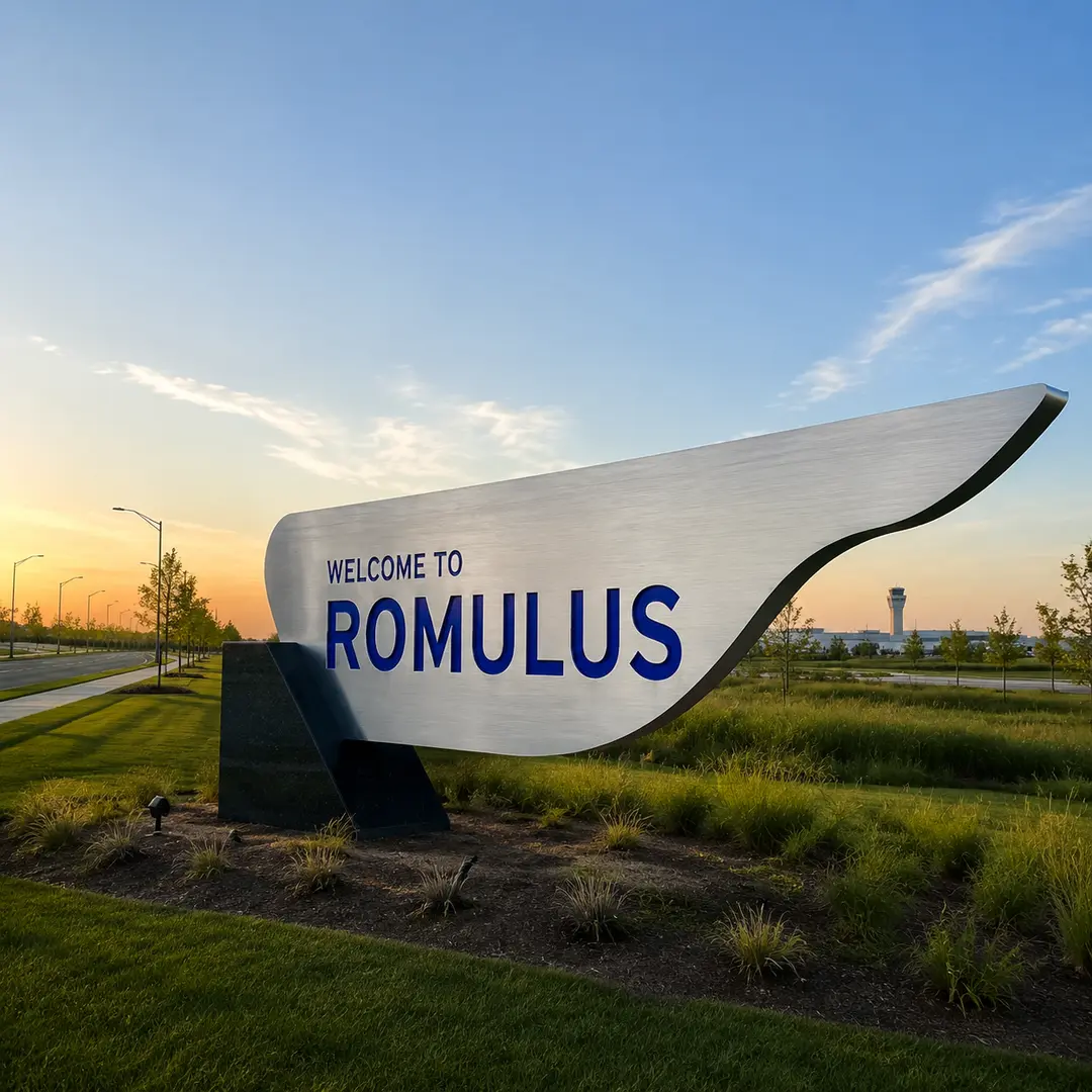 Welcome to Romulus, Michigan city sign
