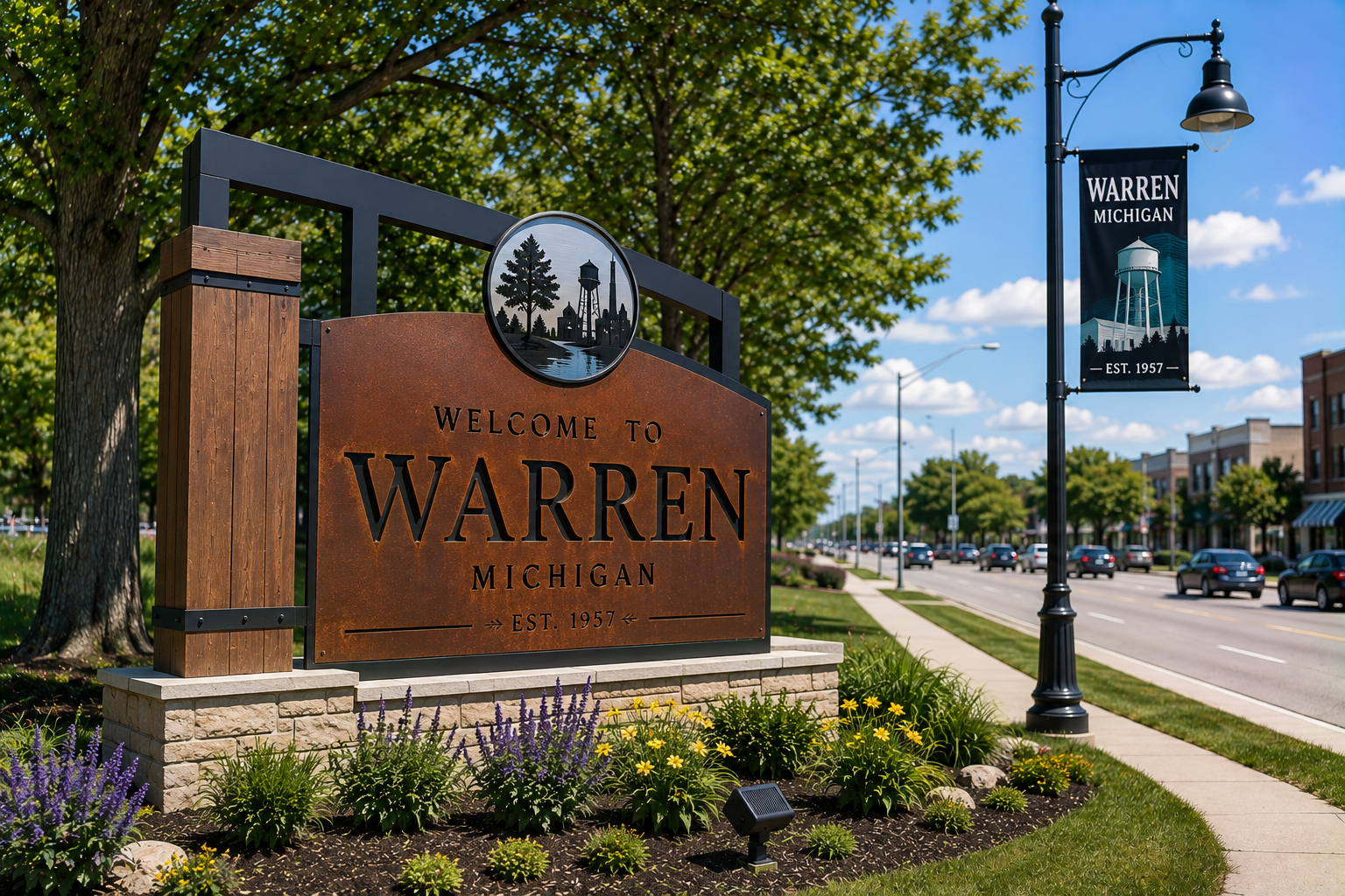 Welcome to Warren, Michigan city sign